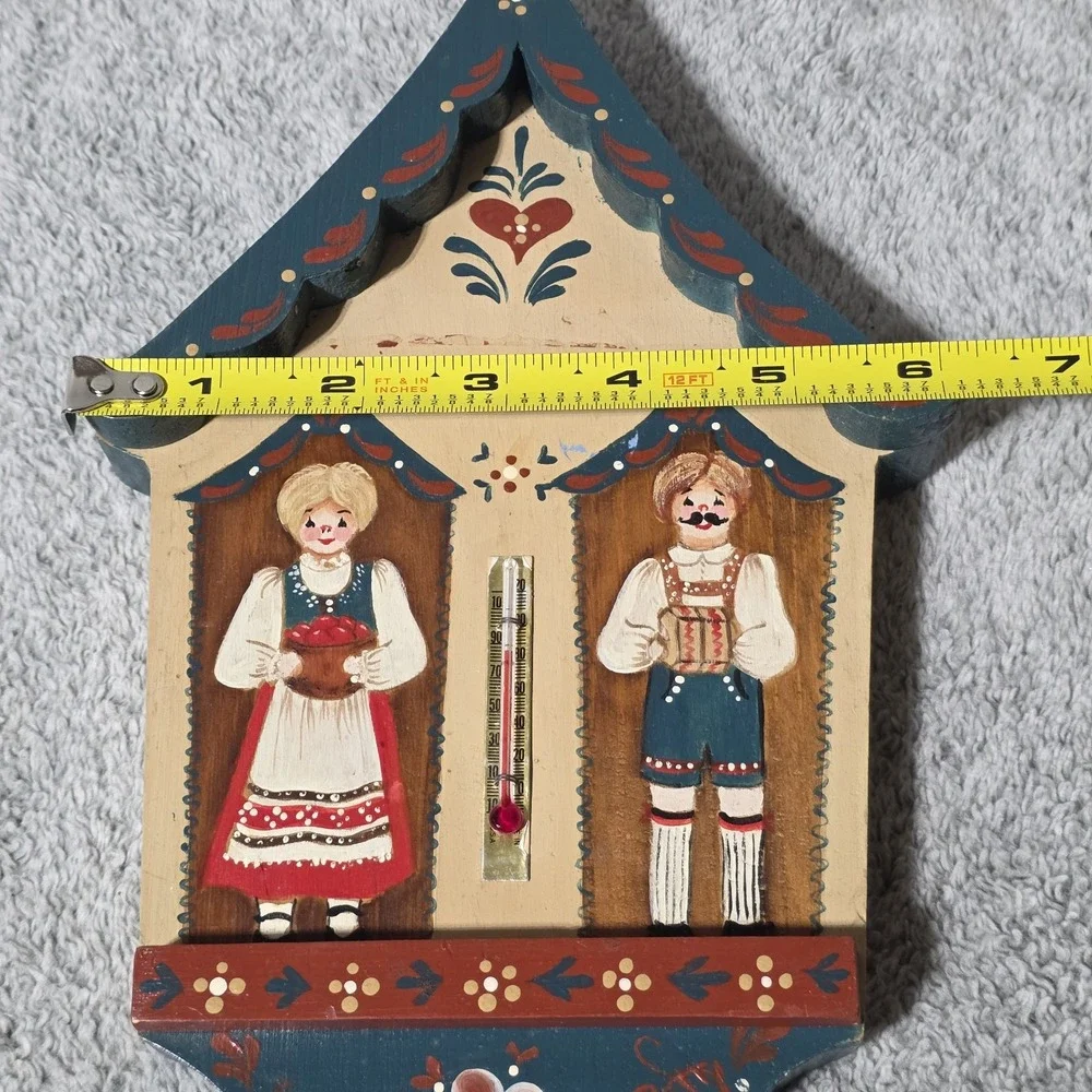 Vintage Folk Art Thermometer Wooden Hand Painted Decor 80s Hanging